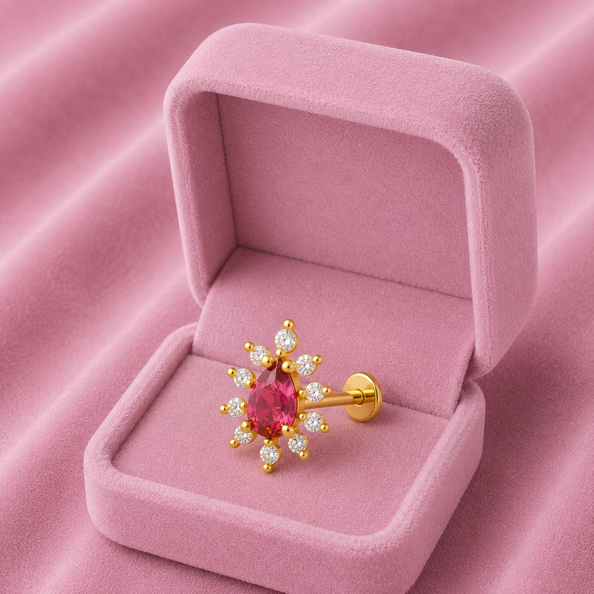 Red CZ Teardrop Halo Nose Pin - Sterling Silver Gold Plated