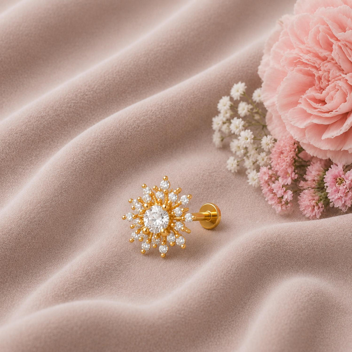 Gold Plated CZ Starburst Nose Pin – Sparkling Statement Floral Design