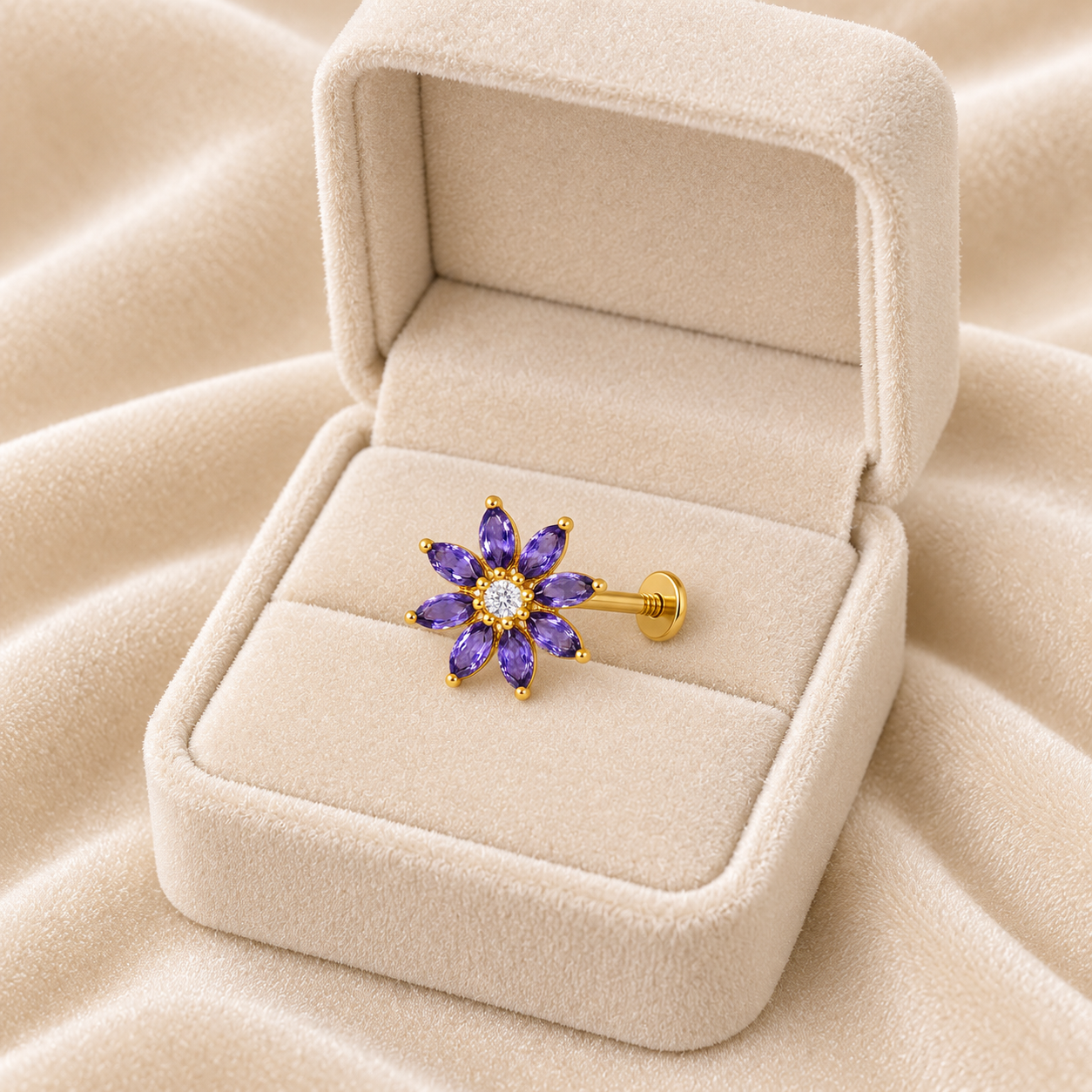 Amethyst CZ Floral Nose Pin - Gold Plated 925 Silver
