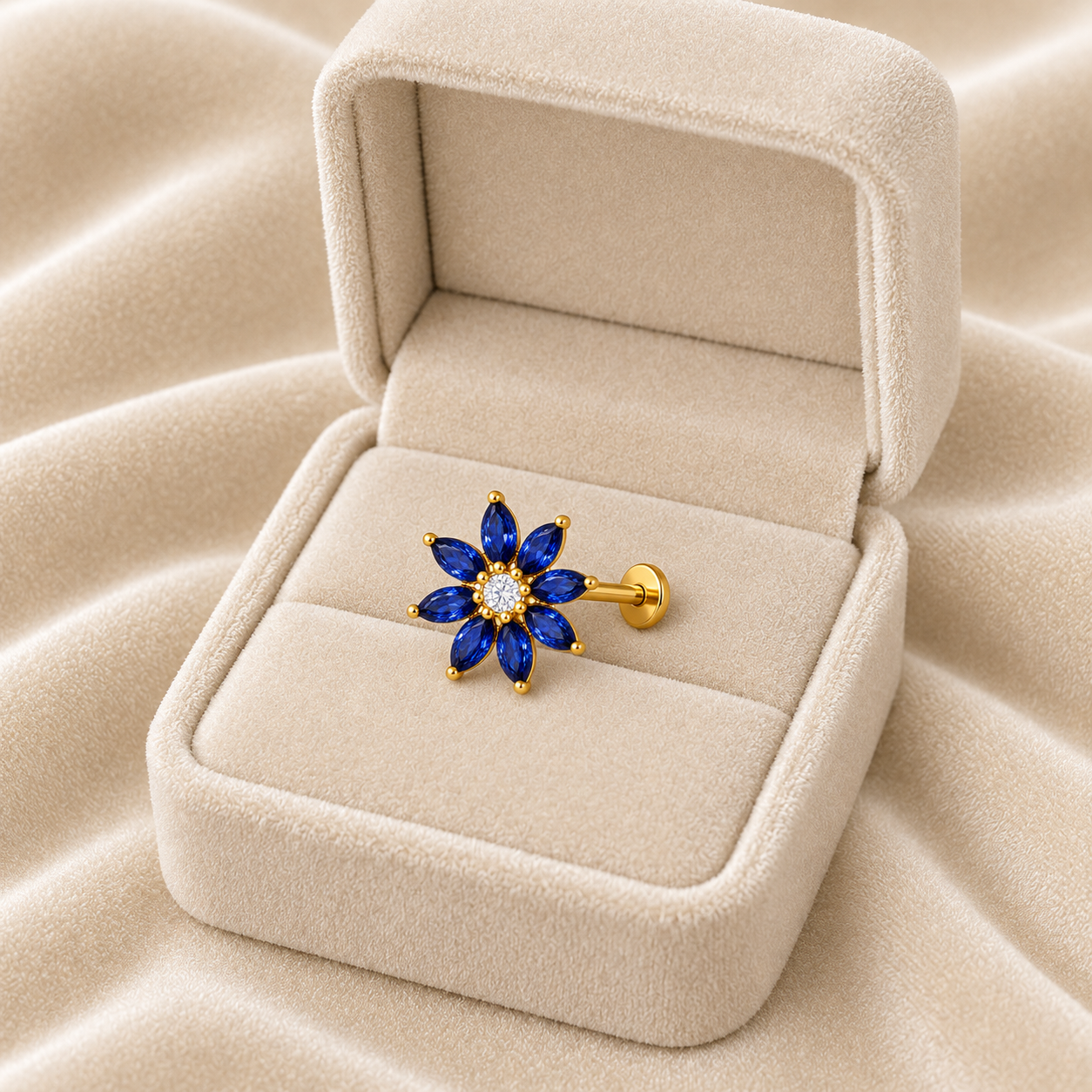Marquise Blue CZ Floral Nose Pin - Gold Plated 925 Silver