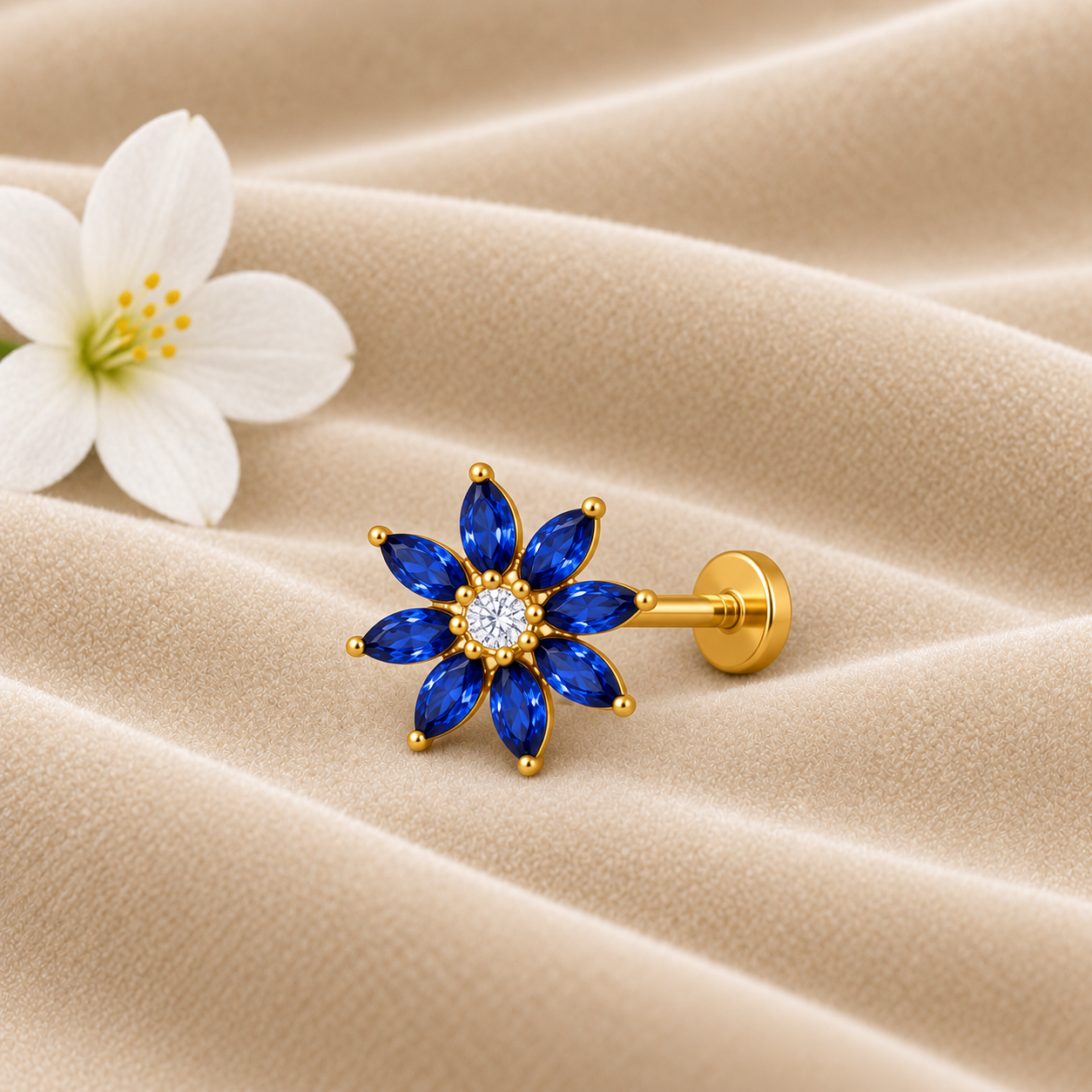 Marquise Blue CZ Floral Nose Pin - Gold Plated 925 Silver