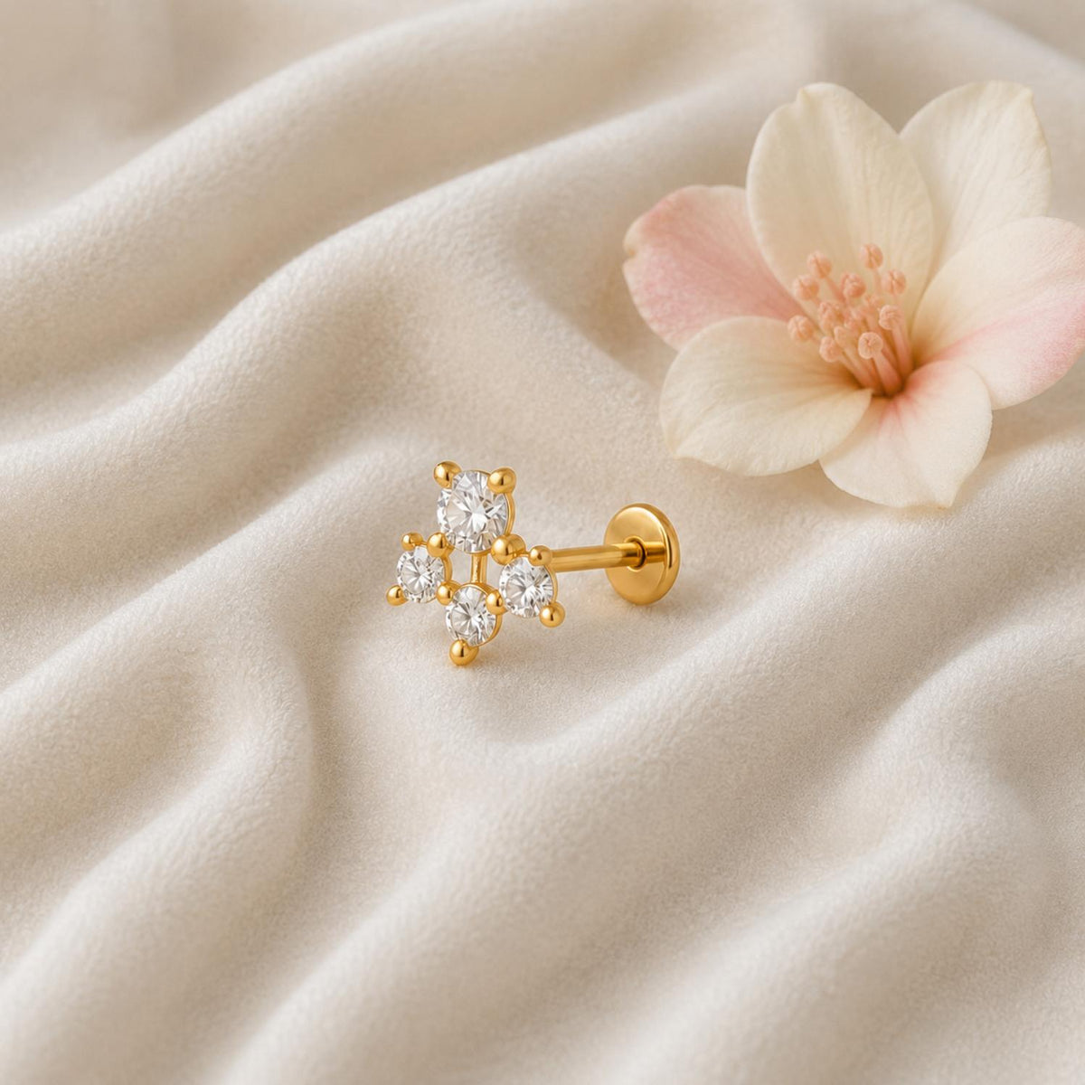 White CZ Triangle Cluster Nose Pin - Sterling Silver Gold Plated