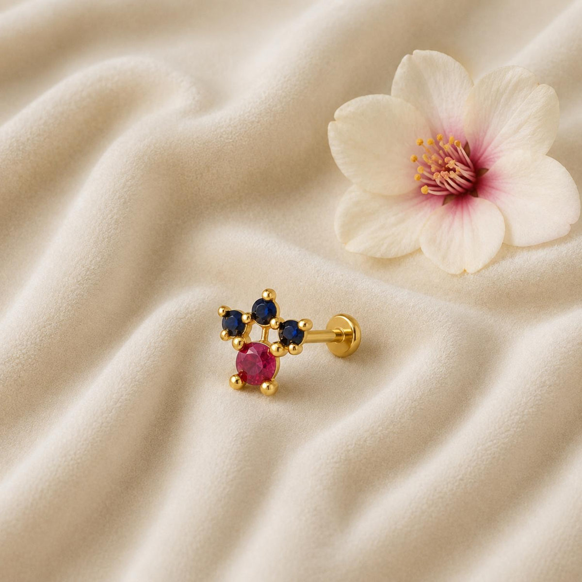 Red & Blue CZ Crown Nose Pin - Sterling Silver Gold Plated