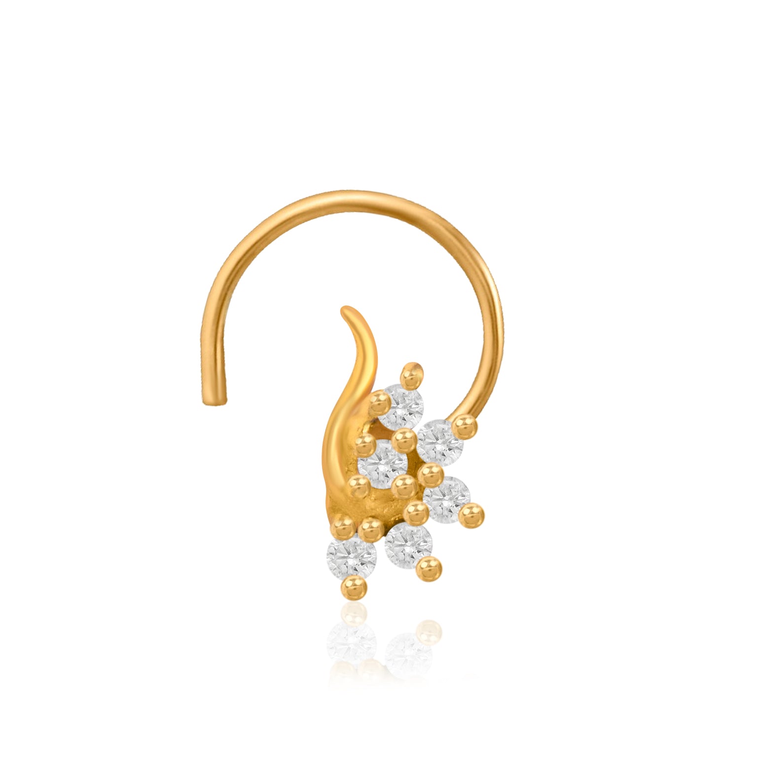 Multi Stone Curved Leaf Cluster Nose Pin – 925 Sterling Silver Yellow Plated