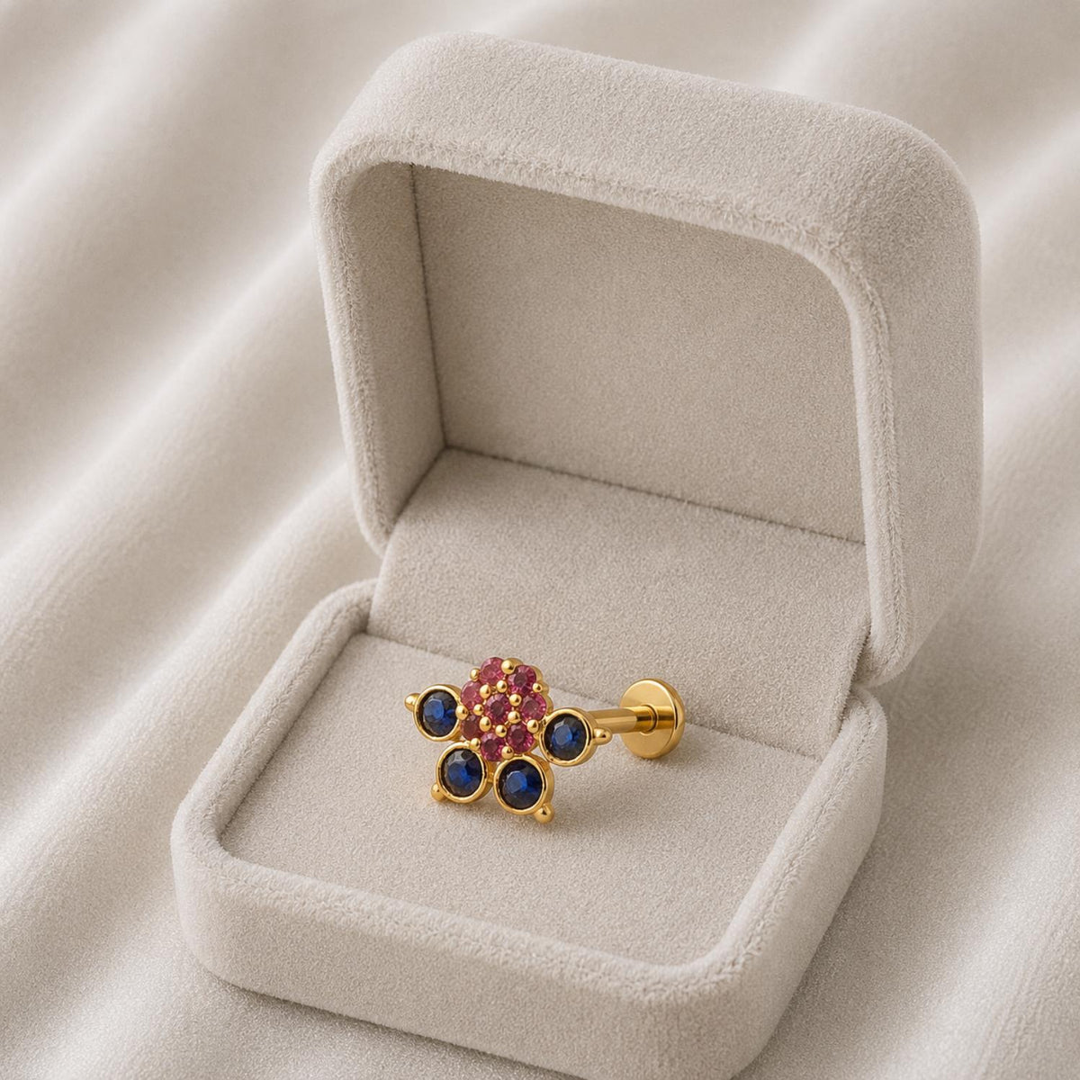 Red & Blue CZ Floral Nose Pin - Sterling Silver Gold Plated
