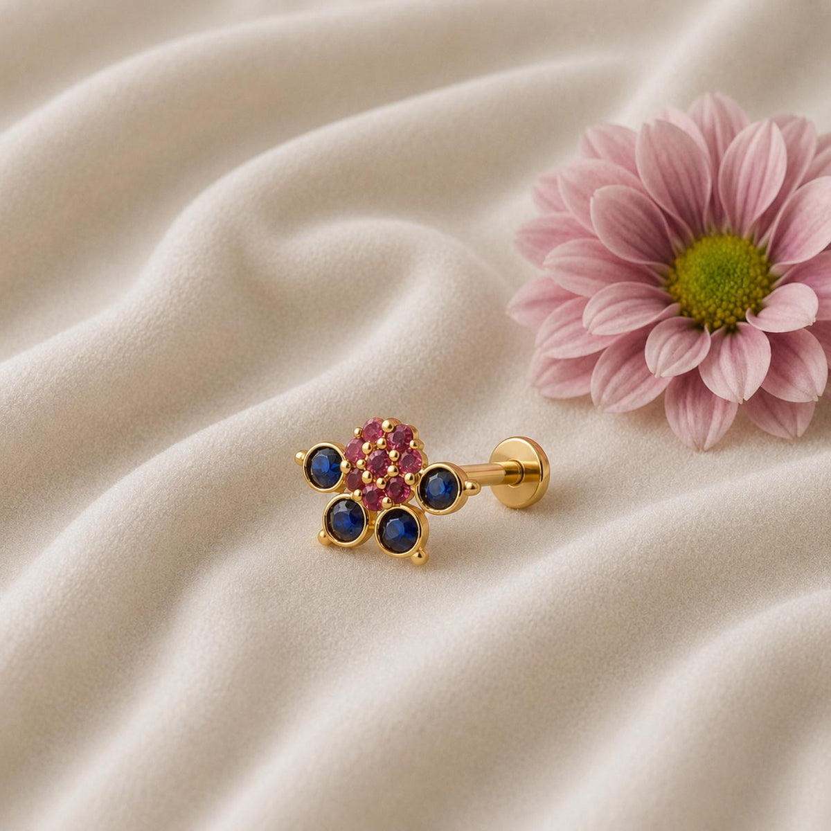 Red & Blue CZ Floral Nose Pin - Sterling Silver Gold Plated