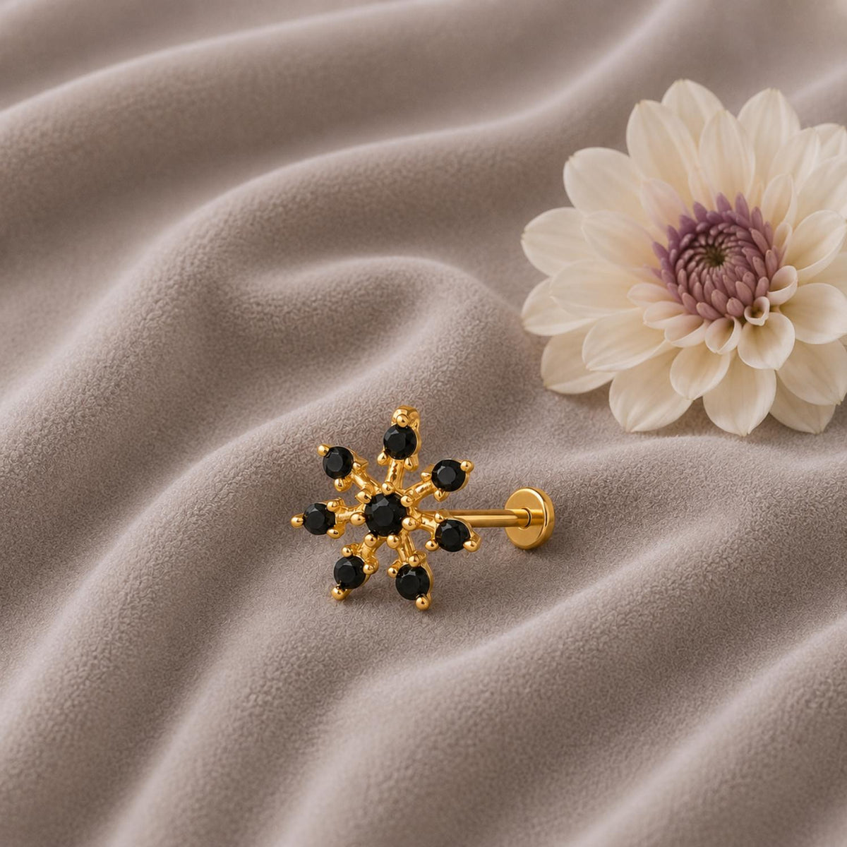 Black CZ Starburst Floral Nose Pin - Sterling Silver Gold Plated