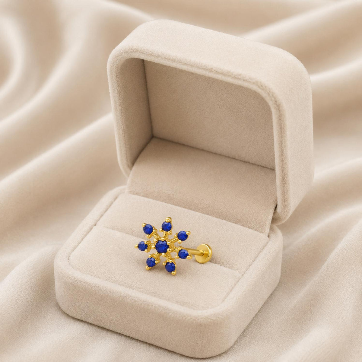 Blue Sapphire Snowflake Nose Stud - Gold Plated 925 Silver