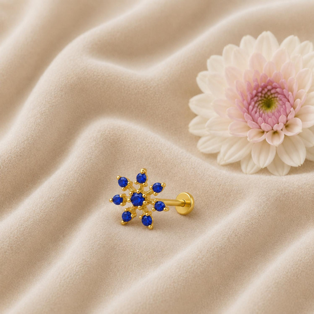 Blue Sapphire Snowflake Nose Stud - Gold Plated 925 Silver