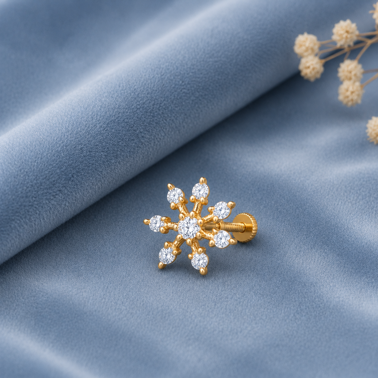 White CZ Snowflake Nose Pin – Gold Plated Sterling Silver