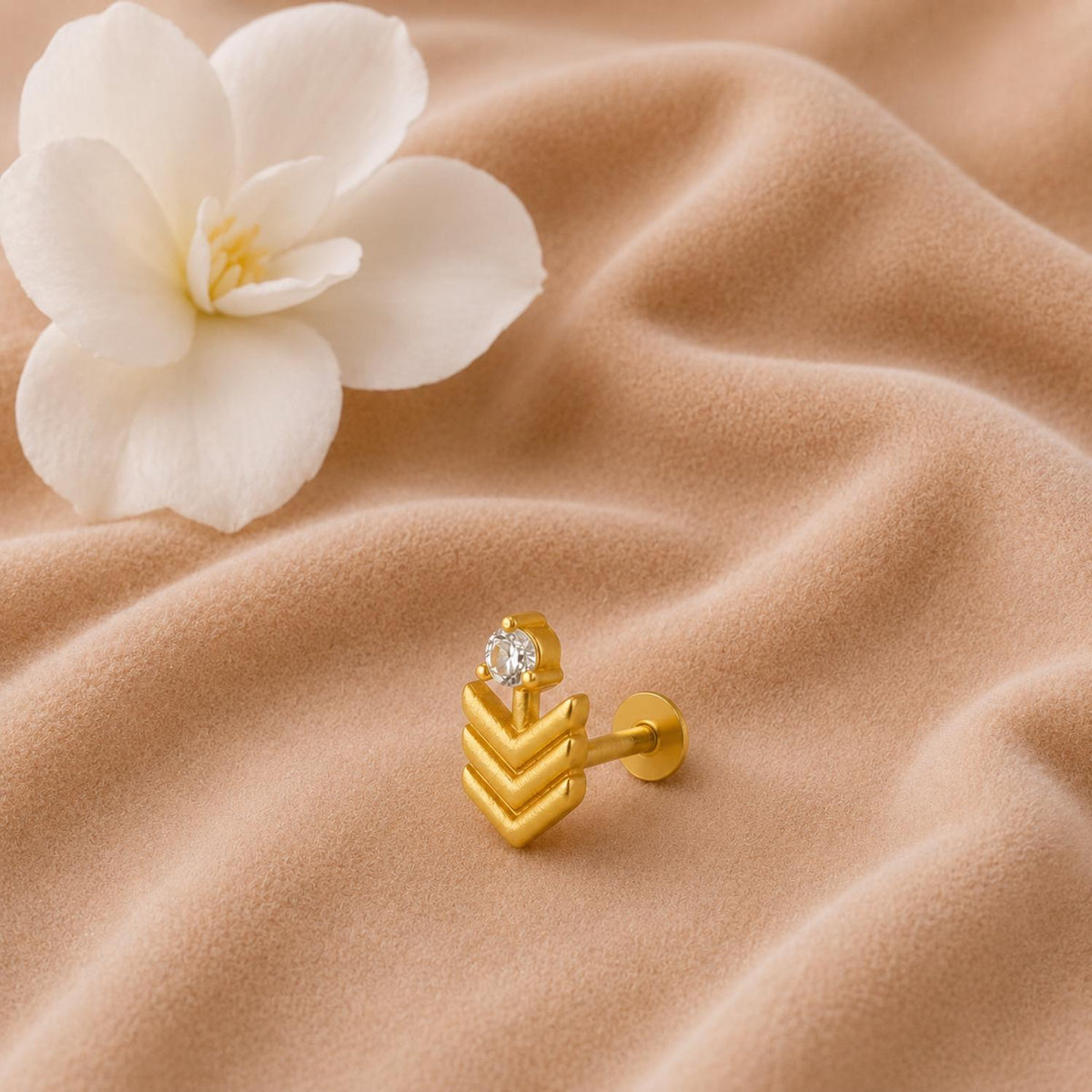 White CZ Chevron Motif Nose Pin – Sterling Silver Gold Plated