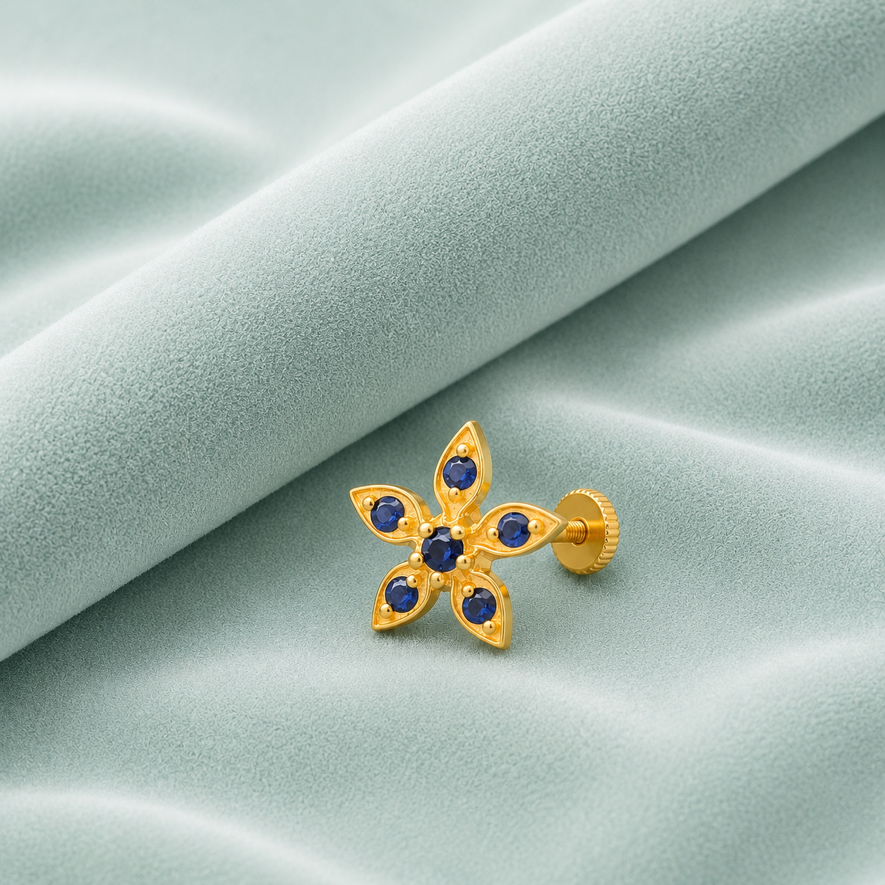 Blue CZ Flower Nose Pin - Sterling Silver Gold Plated