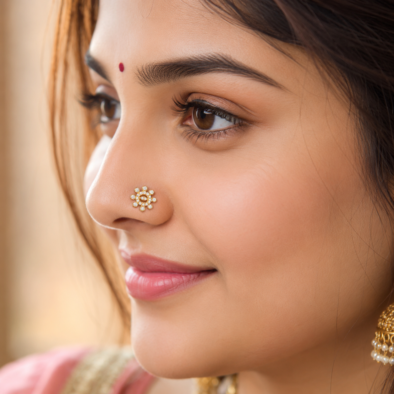 White CZ Circular Nose Pin - Sterling Silver Gold Plated