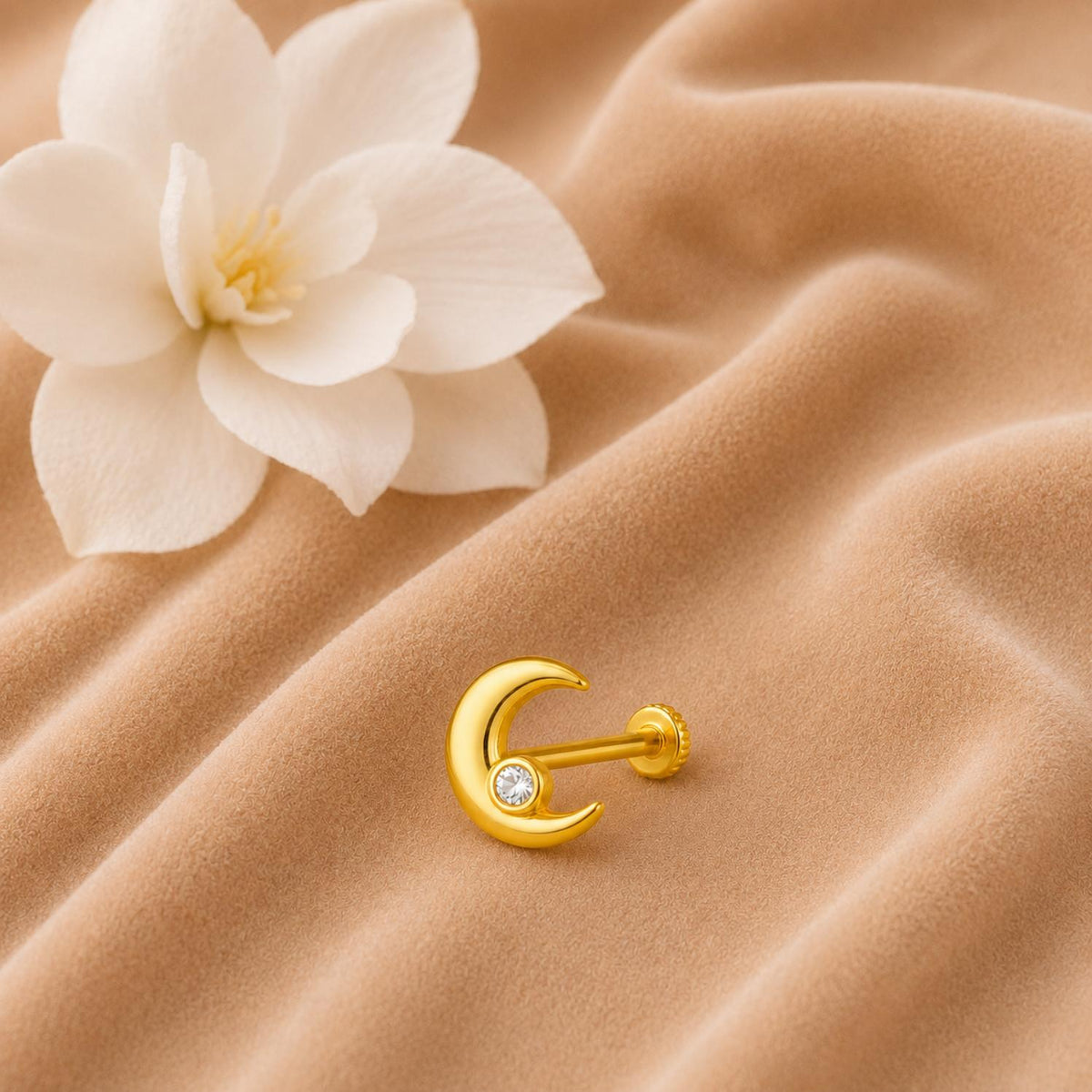 White CZ Crescent Moon Nose Pin – Sterling Silver Gold-Plated