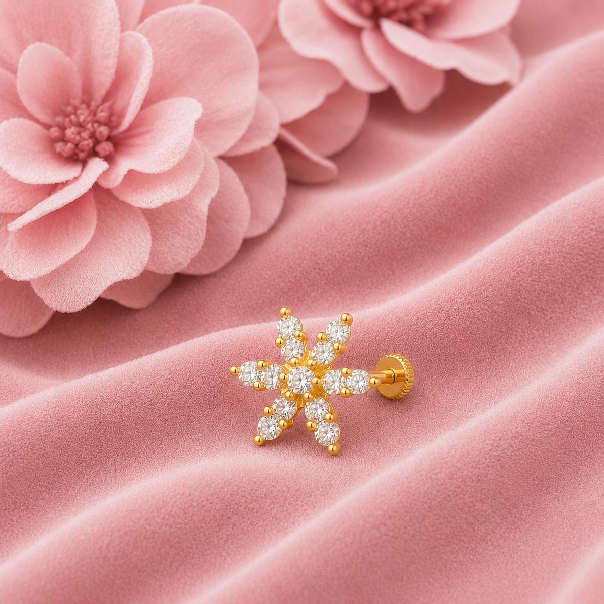 White CZ Floral Nose Pin - Sterling Silver Gold Plated