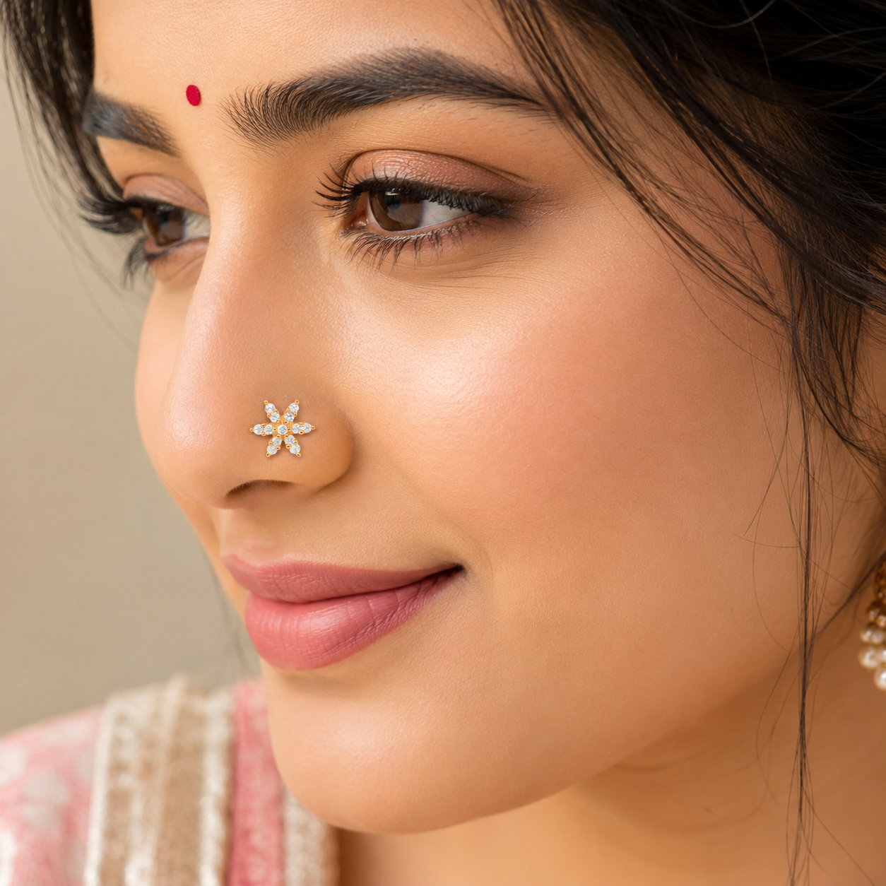 White CZ Floral Nose Pin - Sterling Silver Gold Plated