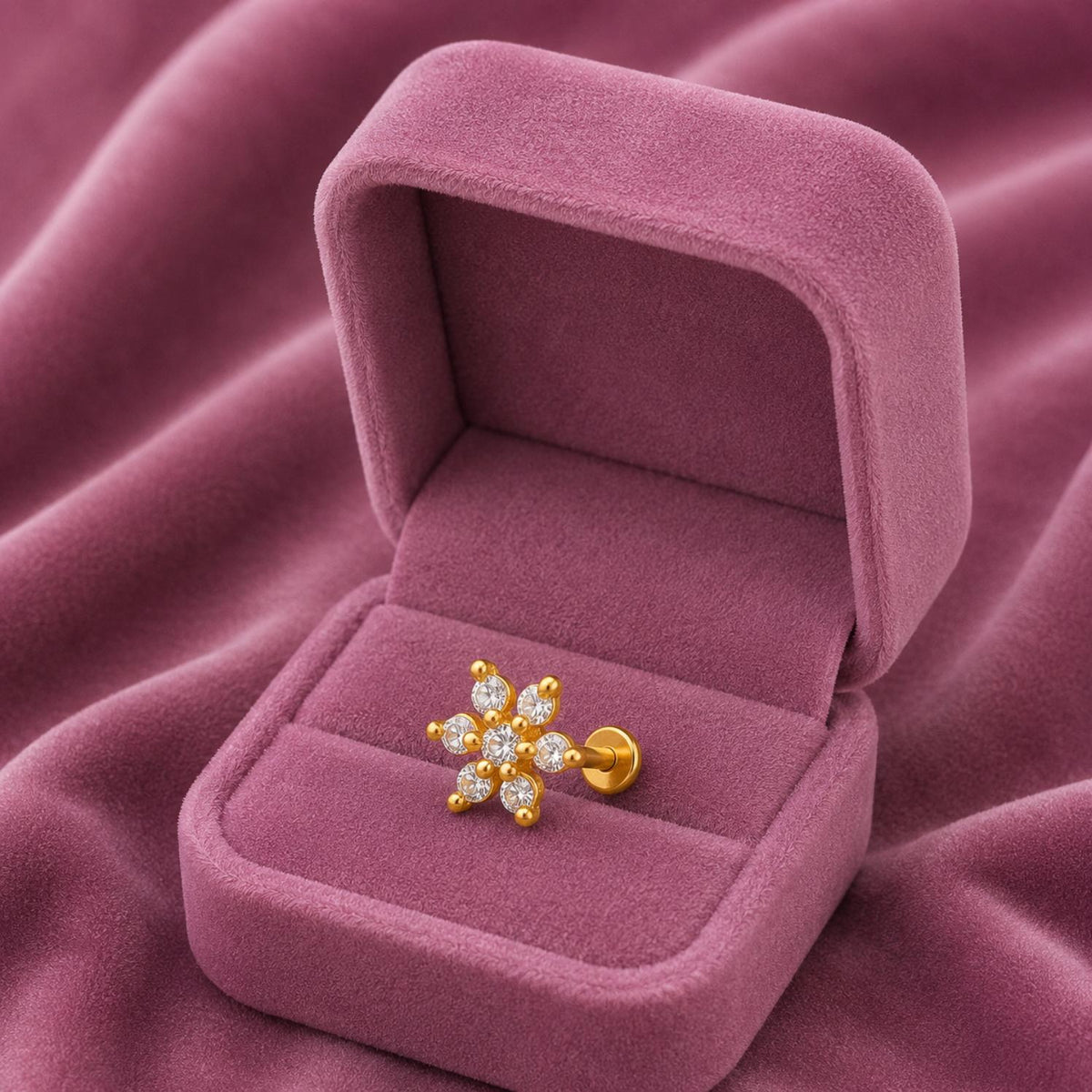 White CZ Floral Nose Pin - Sterling Silver Gold Plated