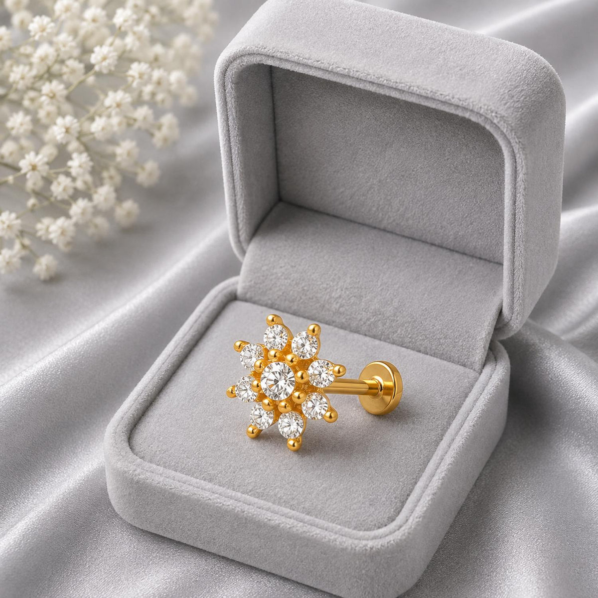 White CZ Cluster Nose Pin - Sterling Silver Gold Plated