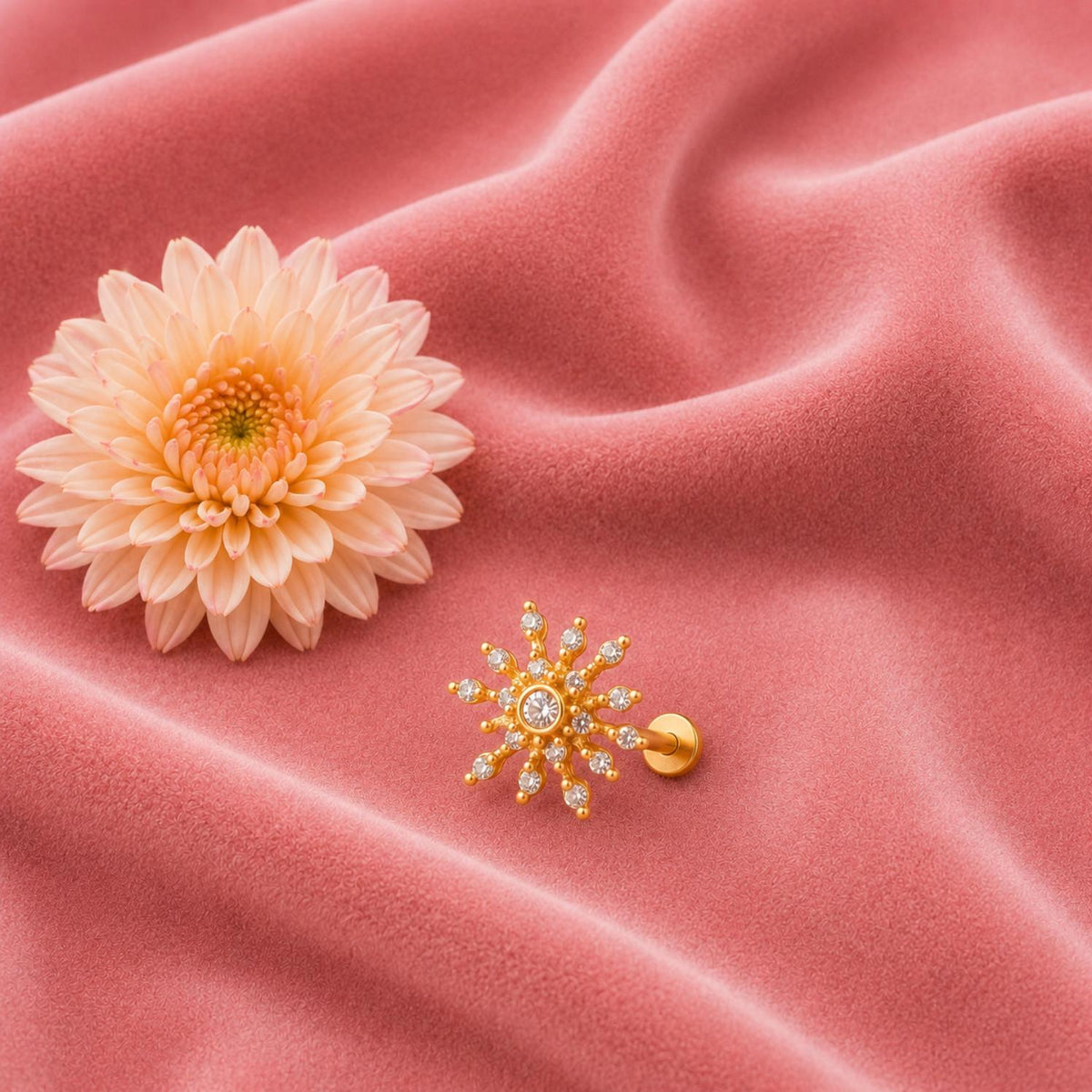 White CZ Sunburst Nose Pin - Sterling Silver Gold Plated