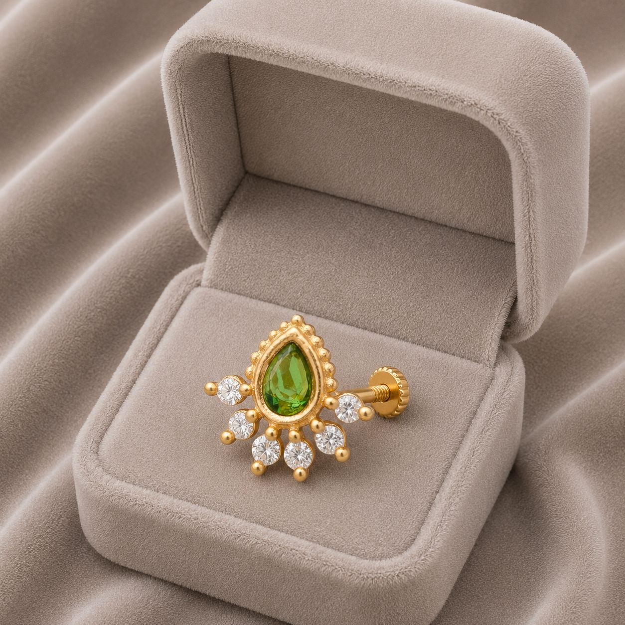 Green Stone CZ Nose Pin- Gold Plated 925 Silver