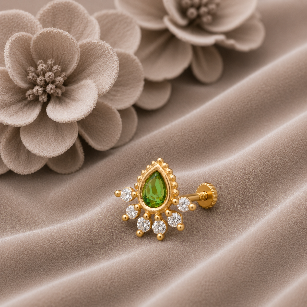 Green Stone CZ Nose Pin- Gold Plated 925 Silver