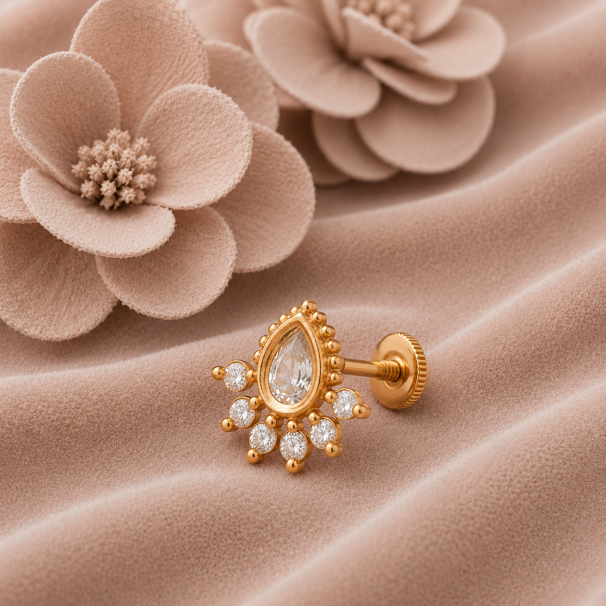 White CZ Floral Nose Pin - Sterling Silver Gold Plated