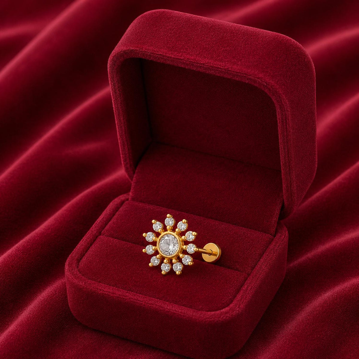 White CZ Sunburst Design Nose Pin - Sterling Silver Gold Plated