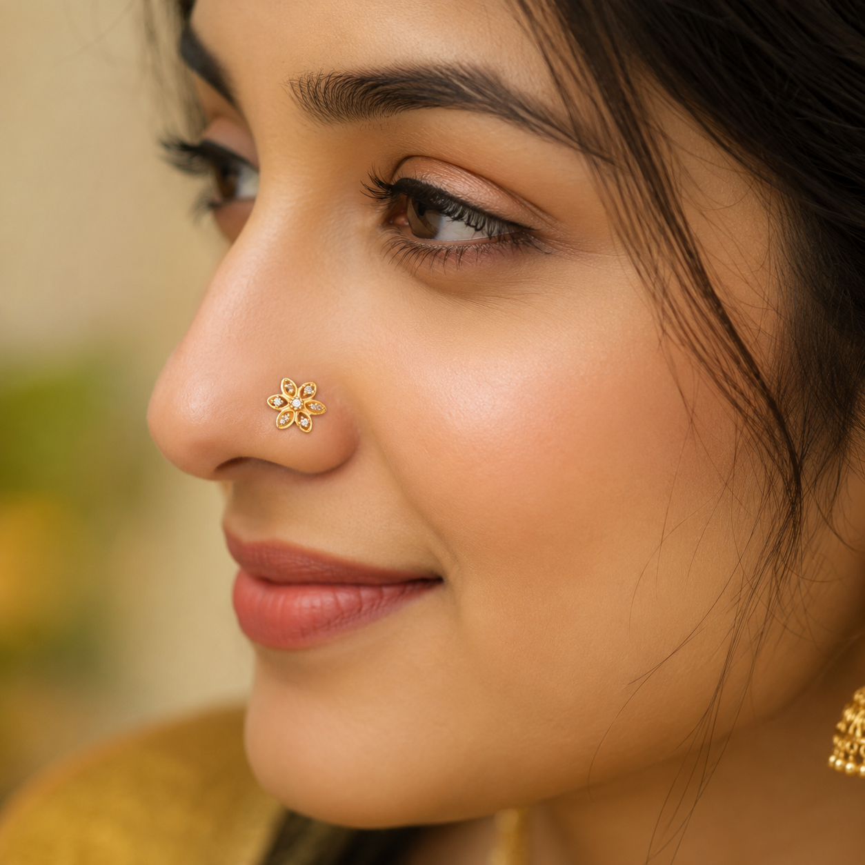 White CZ Center Five-Petal Floral Nose Pin – Sterling Silver Gold Plated