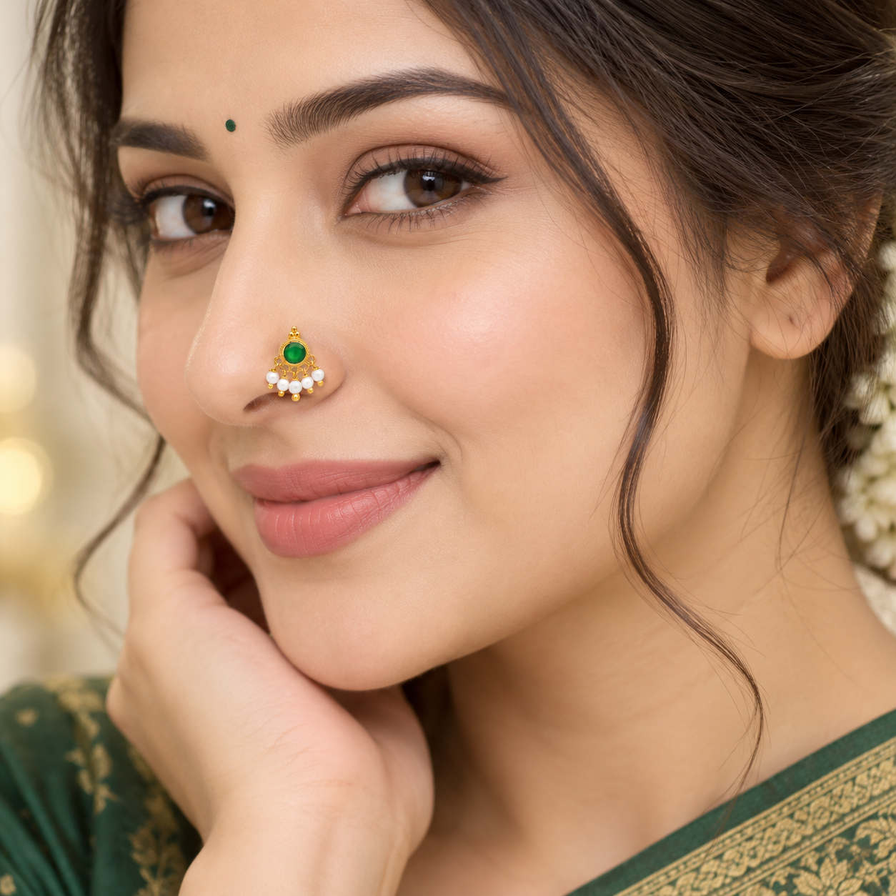 Green CZ Pearl Dangle Nose Pin - Gold Plated 925 Silver