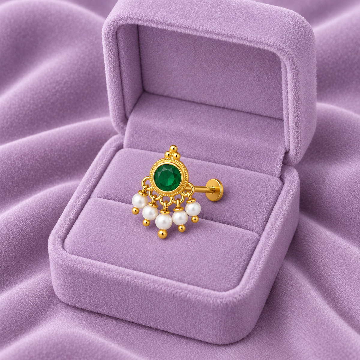 Green CZ Pearl Dangle Nose Pin - Gold Plated 925 Silver