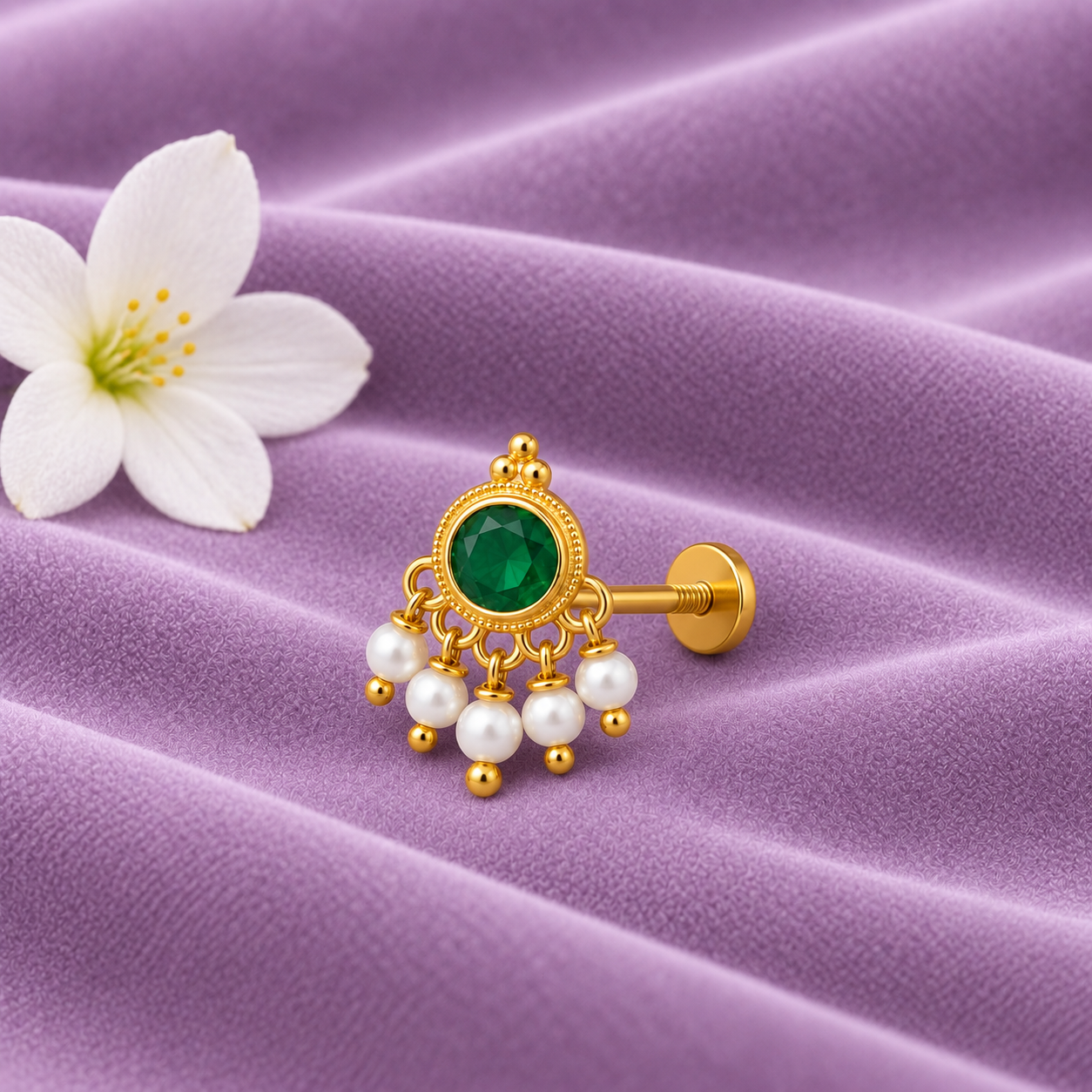 Green CZ Pearl Dangle Nose Pin - Gold Plated 925 Silver