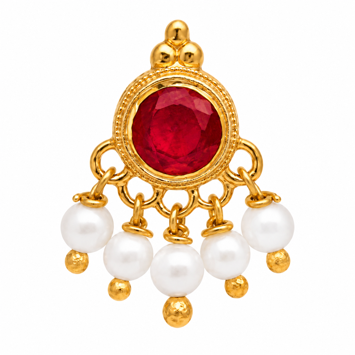 Red CZ Pearl Dangle Nose Pin - Gold Plated 925 Silver