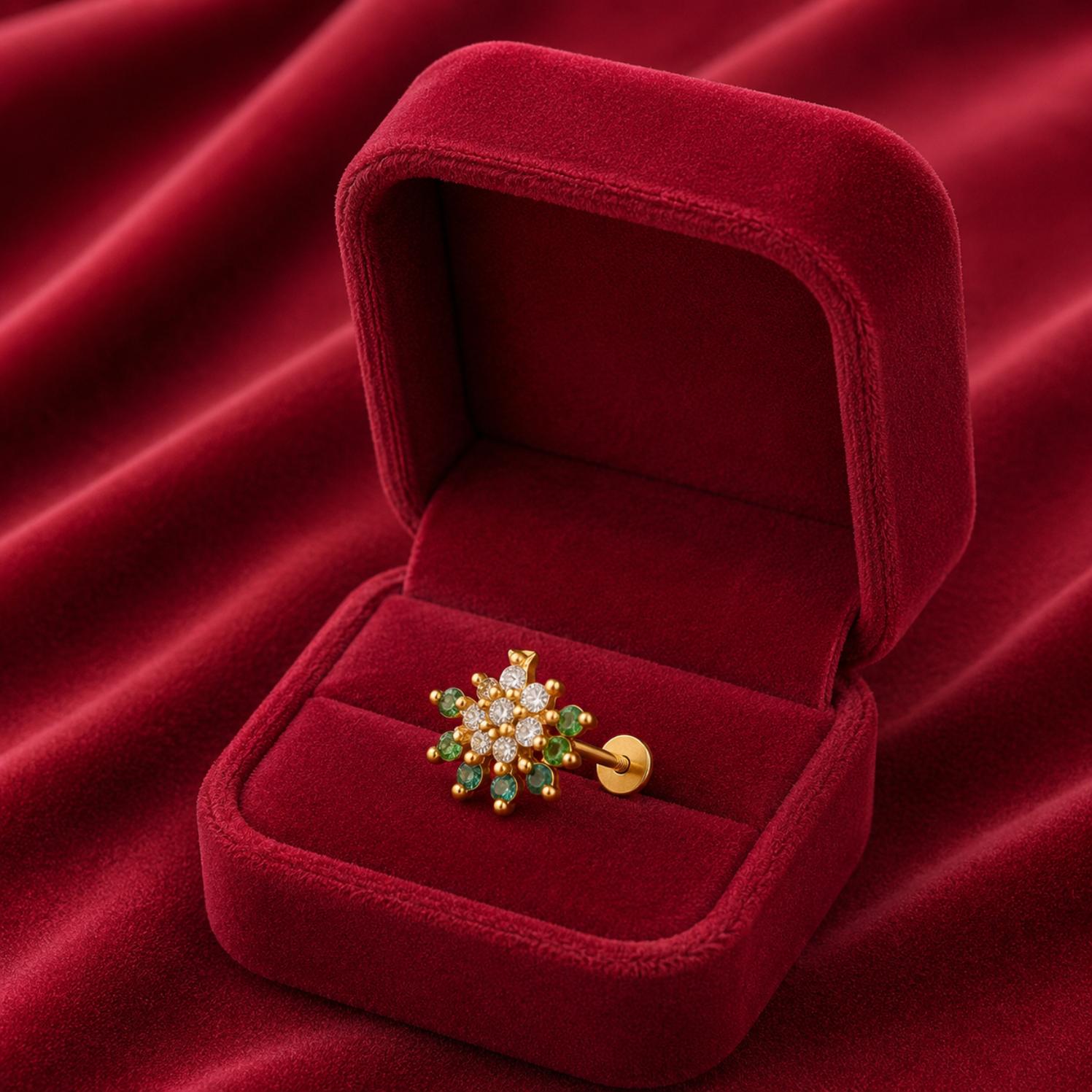 Green & White CZ Floral Nose Pin - Sterling Silver Gold Plated