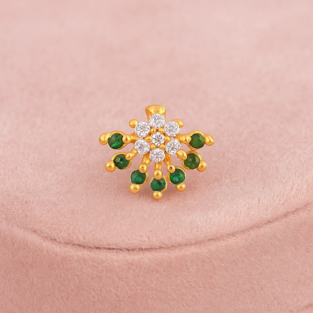 Green & White CZ Floral Nose Pin - Sterling Silver Gold Plated