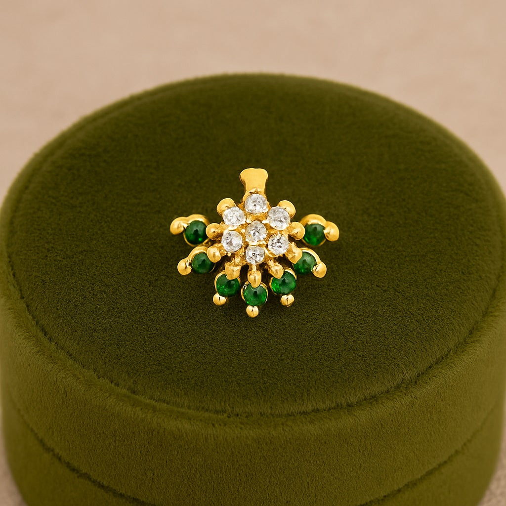 Green & White CZ Floral Nose Pin - Sterling Silver Gold Plated