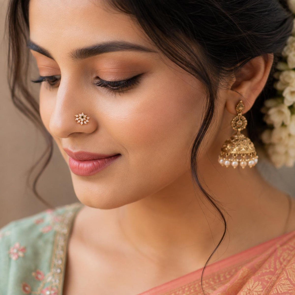 Green CZ Floral Star Nose Pin – Gold Plated Sterling Silver
