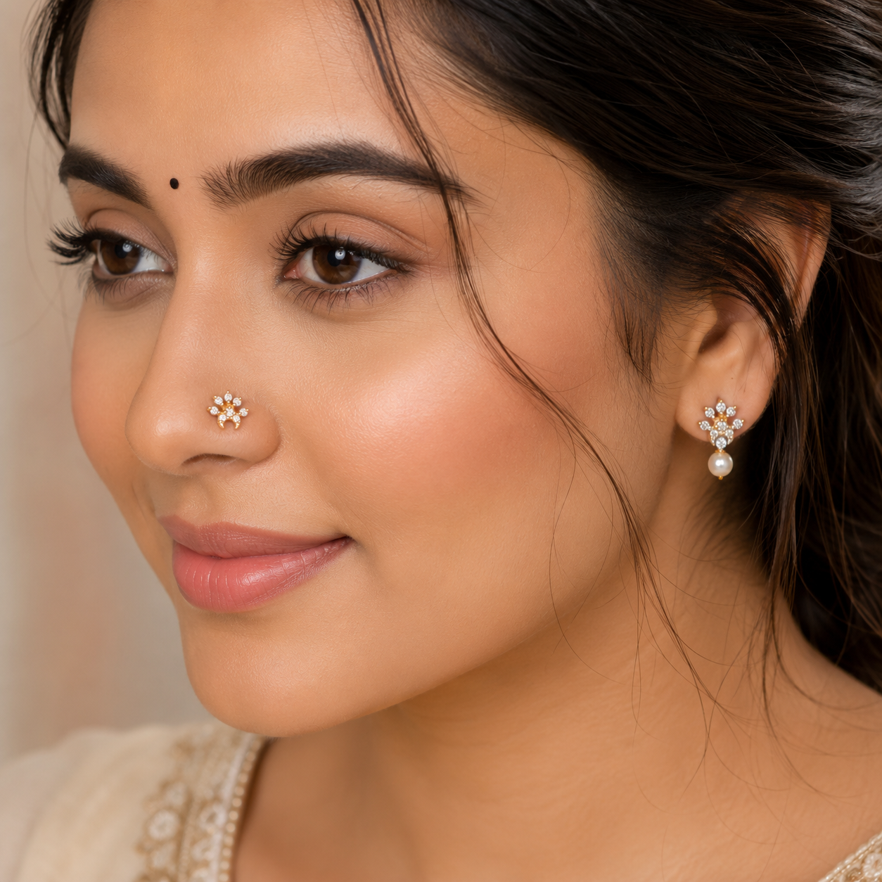 White CZ Crescent Crown Nose Pin - Sterling Silver Gold Plated