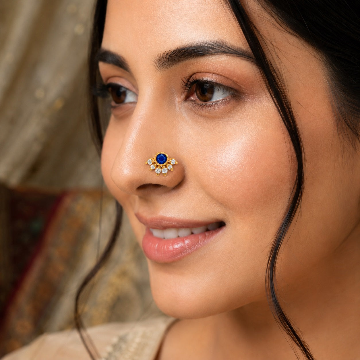 Blue CZ & White CZ Half Floral Design Nose Ring - Gold Plated 925 Silver