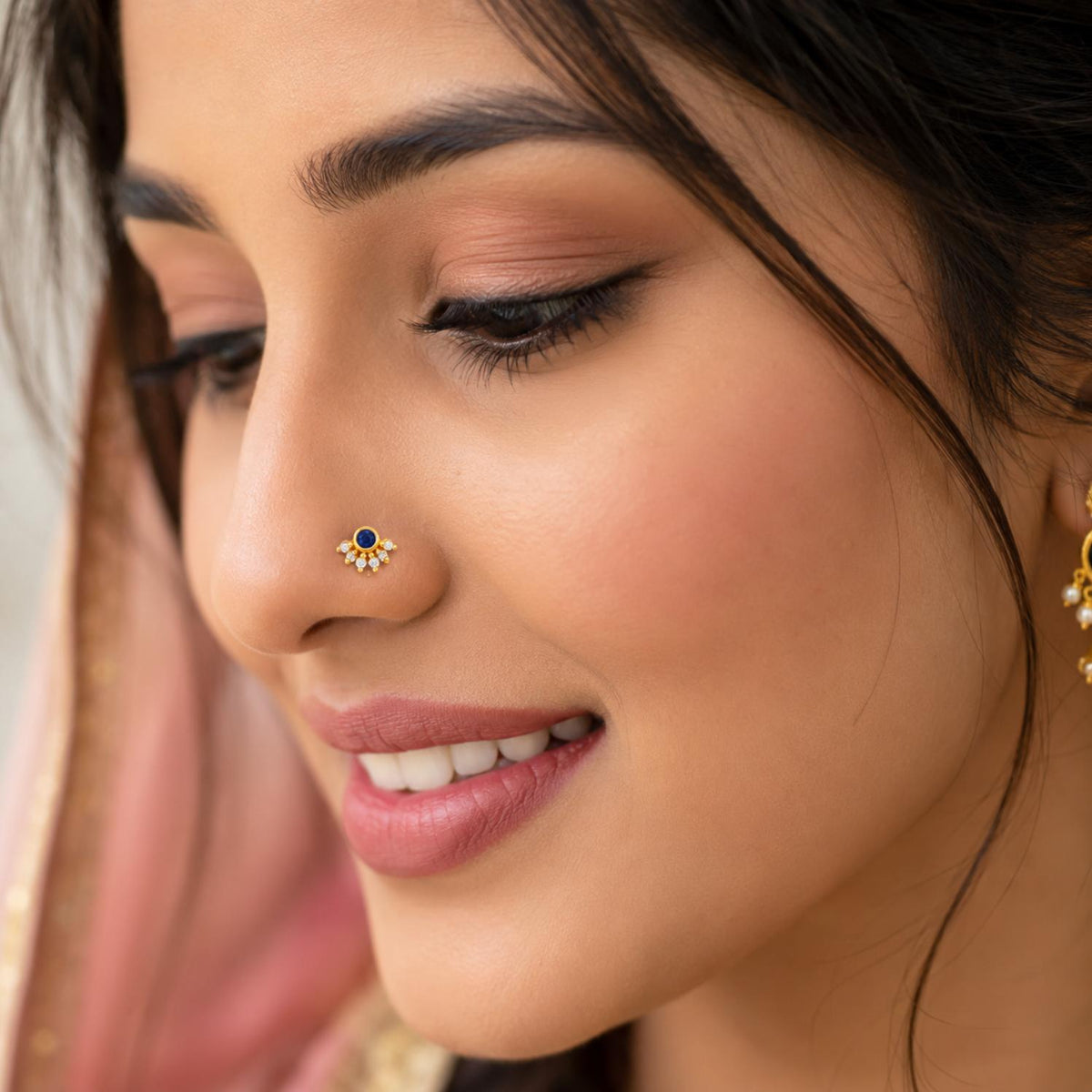 Blue CZ & White CZ Half Floral Design Nose Ring - Gold Plated 925 Silver