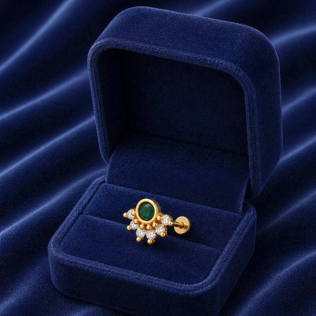 Green CZ Floral Nose Pin - Sterling Silver Gold Plated