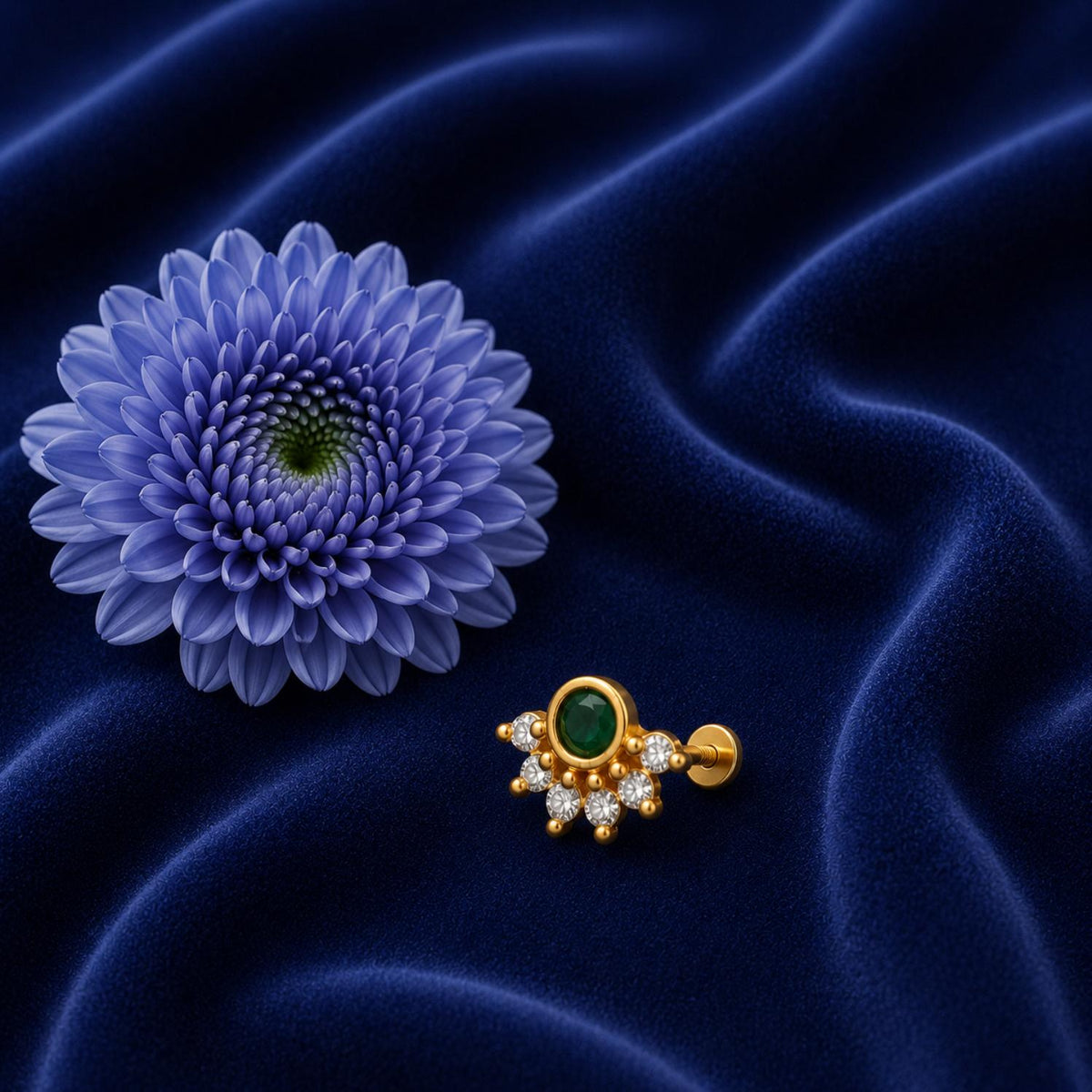 Green CZ Floral Nose Pin - Sterling Silver Gold Plated