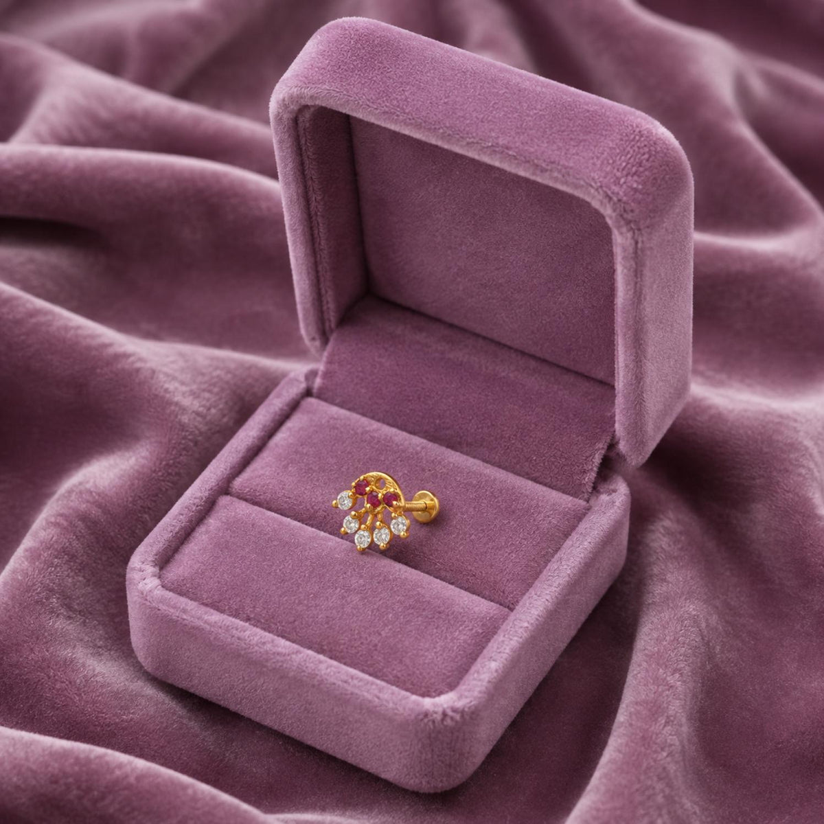 Red And White CZ Floral Drop Nose Pin – Gold Plated Sterling Silver