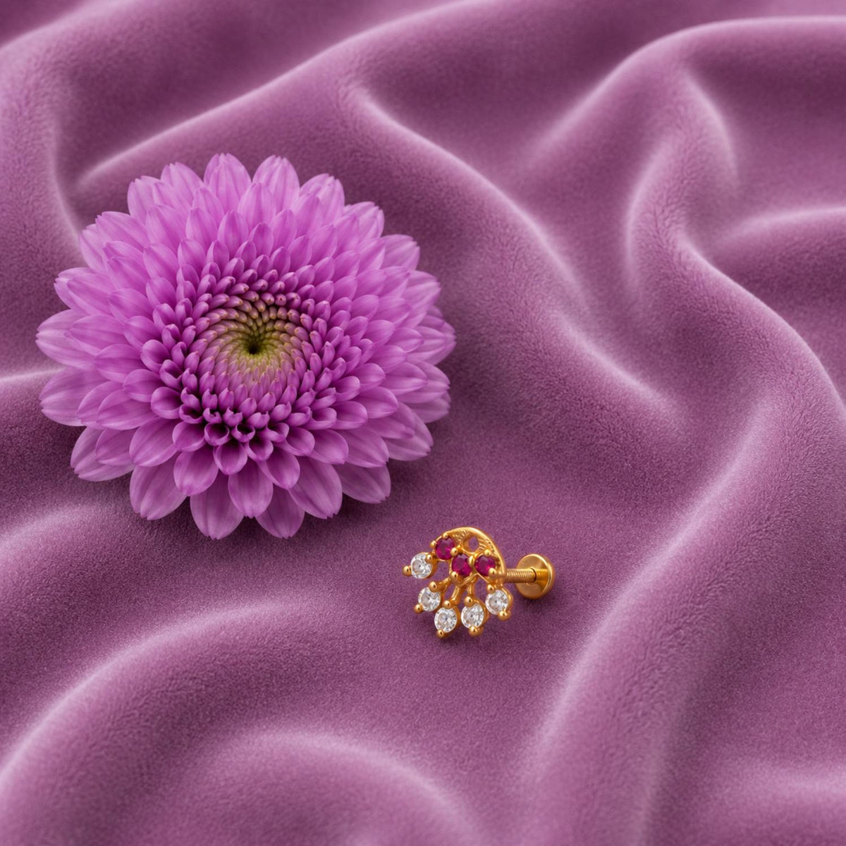 Red And White CZ Floral Drop Nose Pin – Gold Plated Sterling Silver