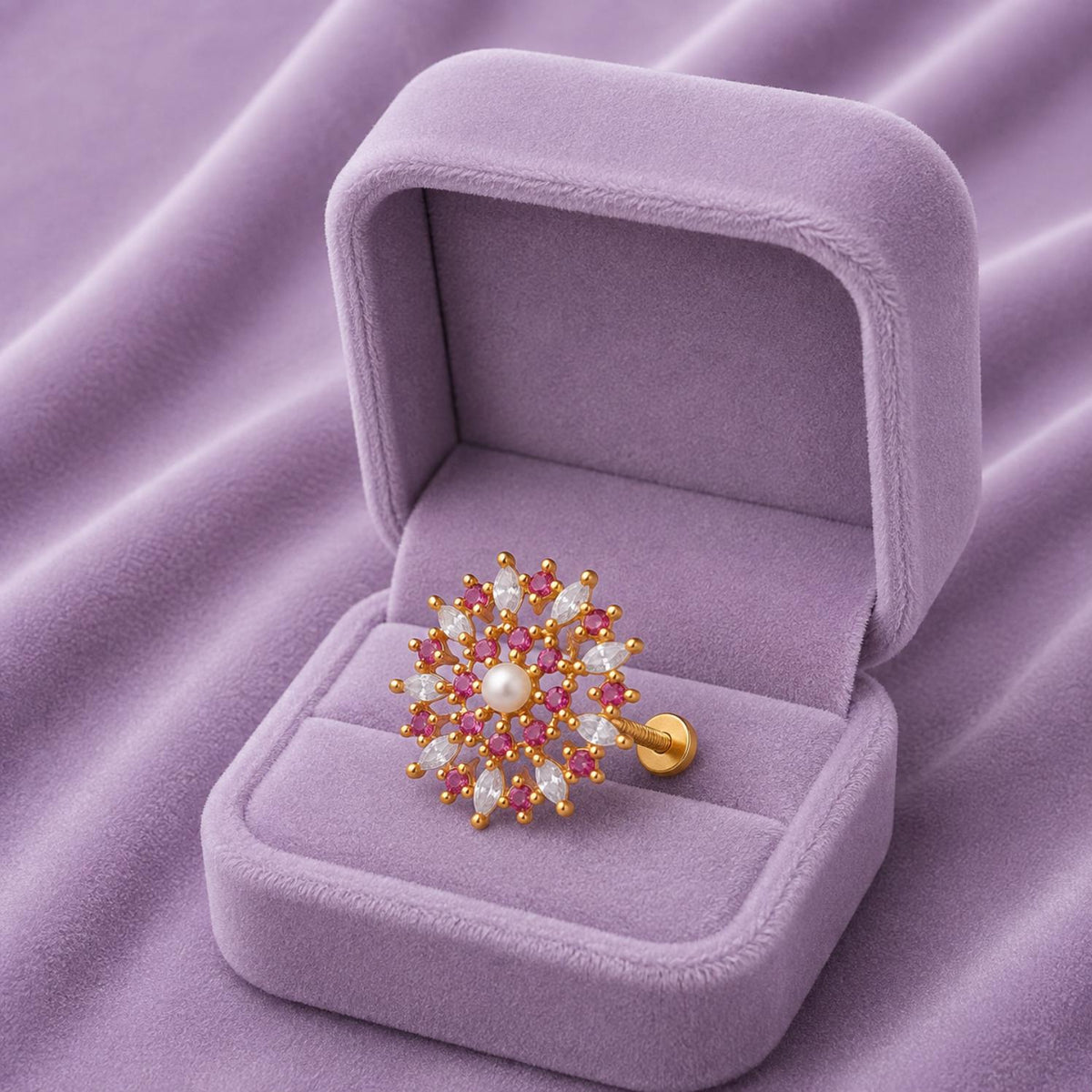 Pearl, Pink & White CZ Nose Pin Floral Snowflake Nose pin - Gold Plated 925 Silver