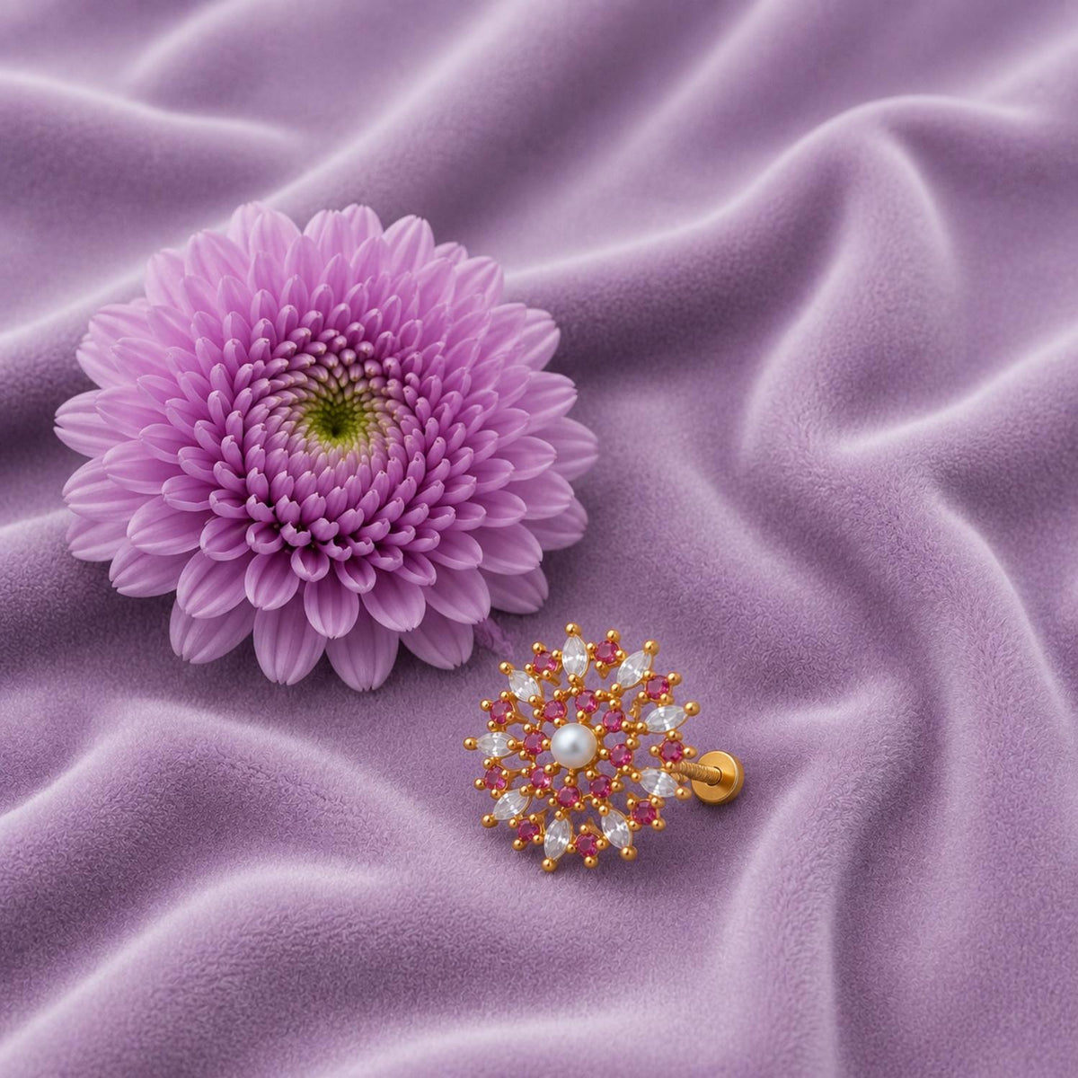 Pearl, Pink & White CZ Nose Pin Floral Snowflake Nose pin - Gold Plated 925 Silver