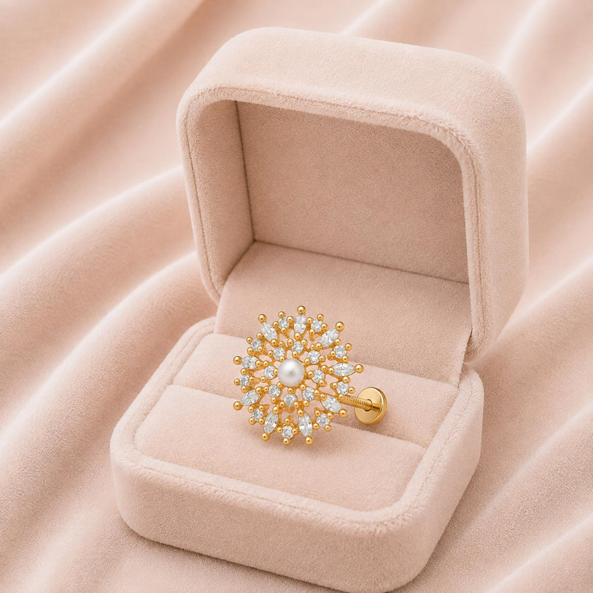 Pearl & White CZ Floral Snowflake Nose pin - Gold Plated 925 Silver