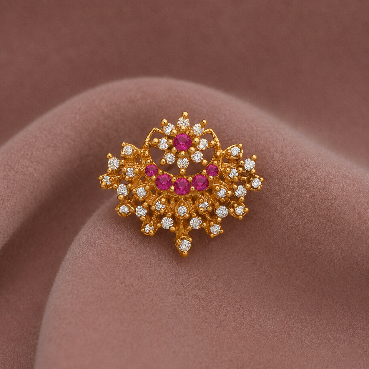 Gold Plated Pink & White CZ Traditional Nose Pin – Floral Filigree Statement Design
