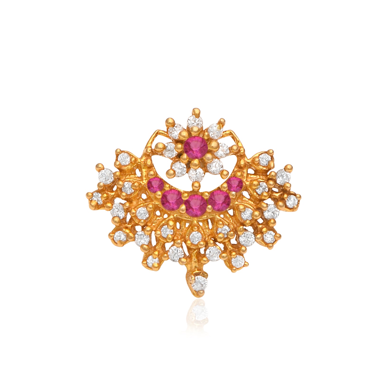 Gold Plated Pink & White CZ Traditional Nose Pin – Floral Filigree Statement Design
