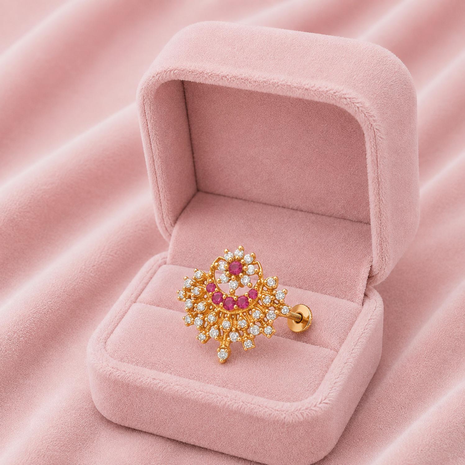Gold Plated Pink & White CZ Traditional Nose Pin – Floral Filigree Statement Design