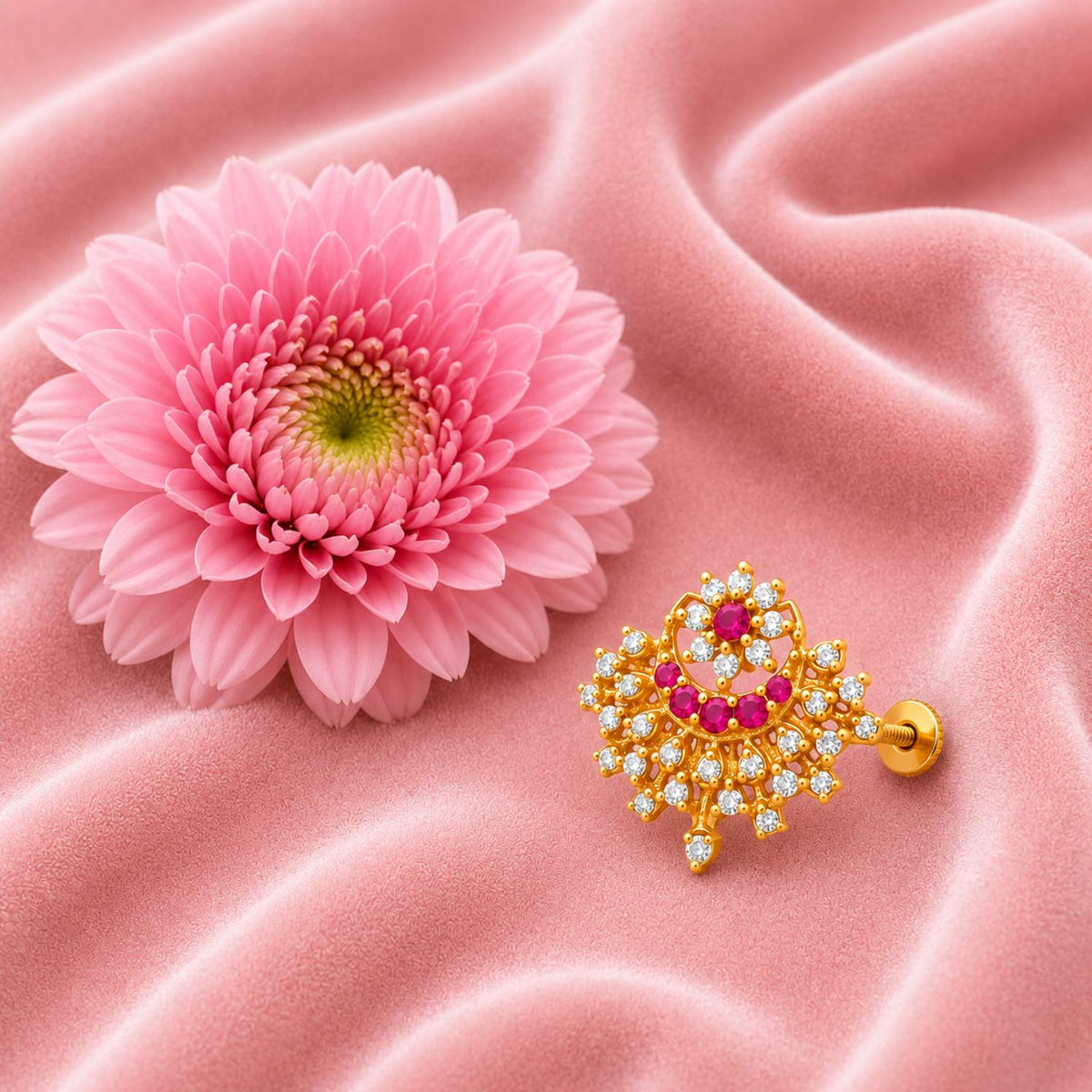 Gold Plated Pink & White CZ Traditional Nose Pin – Floral Filigree Statement Design